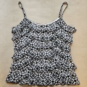 WHBM Geometric Patterned Ruffled Spaghetti-Strap Camisole, Size M, Black & White